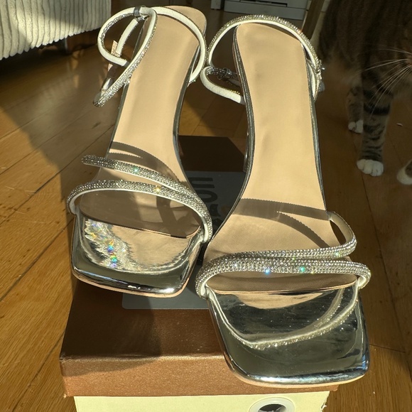 Silver Rhinestone Strappy Stiletto Heels – Square Toe Glam Sandals - Picture 1 of 5